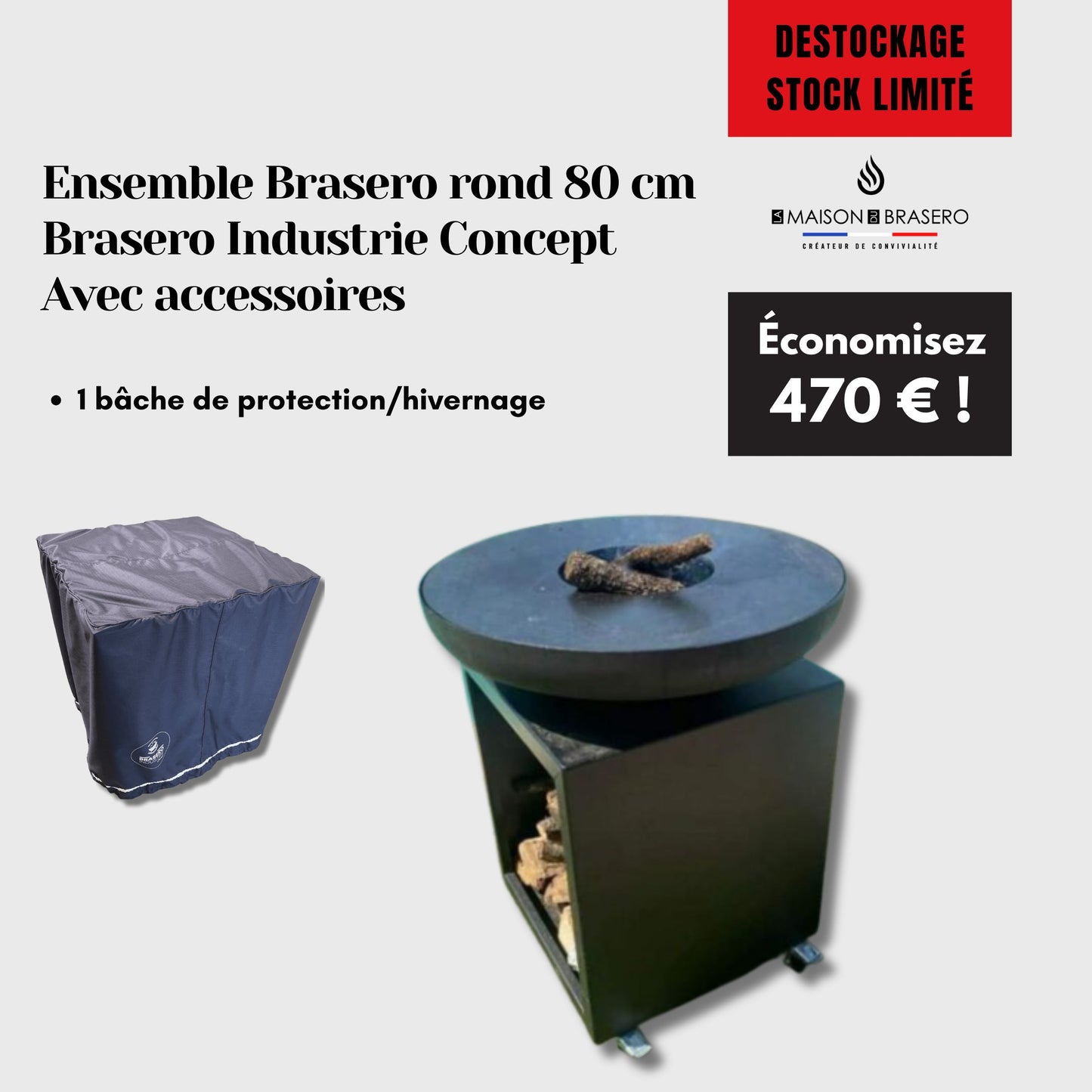 Déstockage - ensemble brasero Brasero Industrie Concept 80 cm rond finition noir