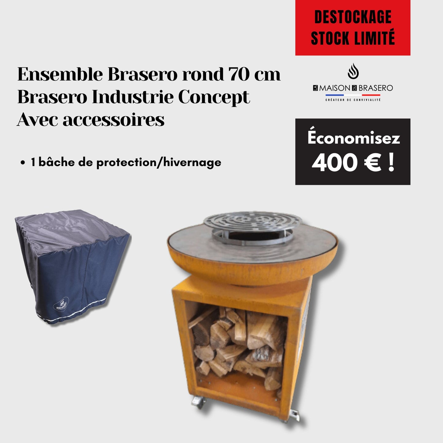 Déstockage - ensemble brasero Brasero Industrie Concept 70 cm rond finition corten