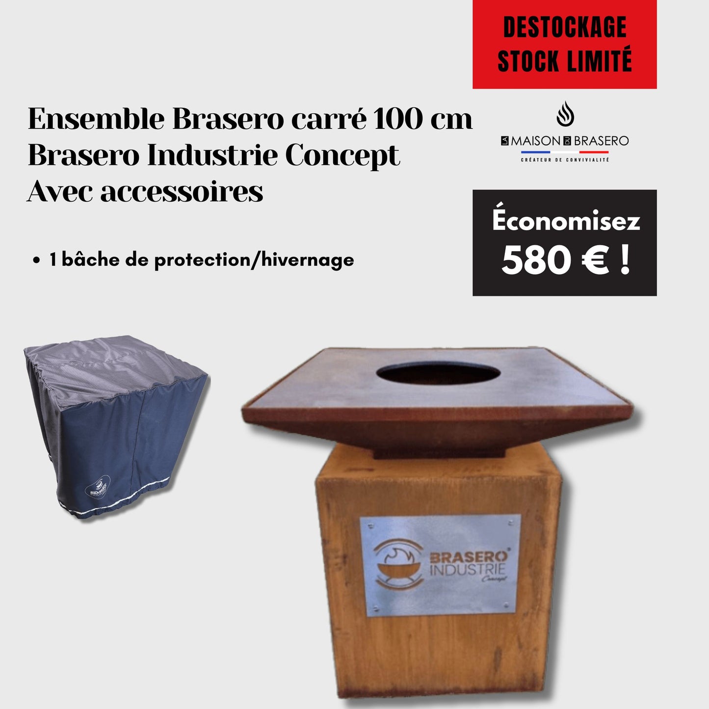 Déstockage - ensemble brasero Brasero Industrie Concept 100 cm carré finition corten